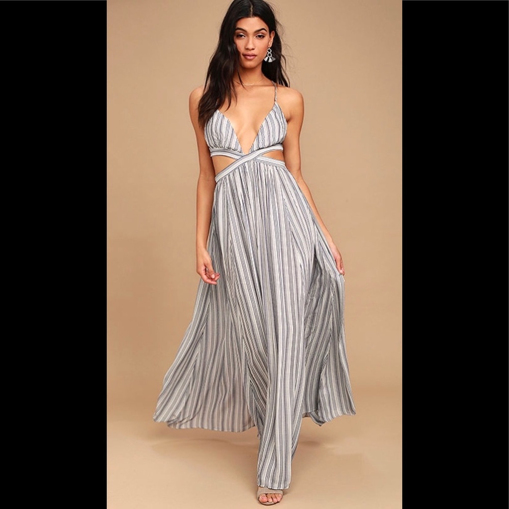 LULU’S BREEZY DAY BLUE & WHITE STRIPED MAXI DRESS